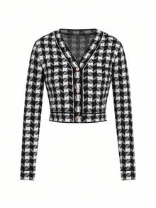 Ellevyn Cardigan élégant à col V et manches longues avec boutons, en tartan, pour femmes en automne/hiver - Noir et Blanc - Voir 2