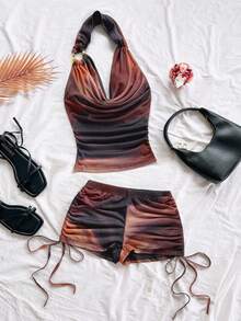 Soleia Set da 2 pezzi da donna per vacanze: top con spalline metalliche a canottiera e pantaloncini con coulisse in vita bassa, elegante e sexy, adatto per vacanze, feste, appuntamenti, spiaggia, estate, vacanze, matrimoni, crociere in spiaggia, vacanze in città, vacanze bohémien, festival musicali - Caffè Marrone - Visualizzare 1