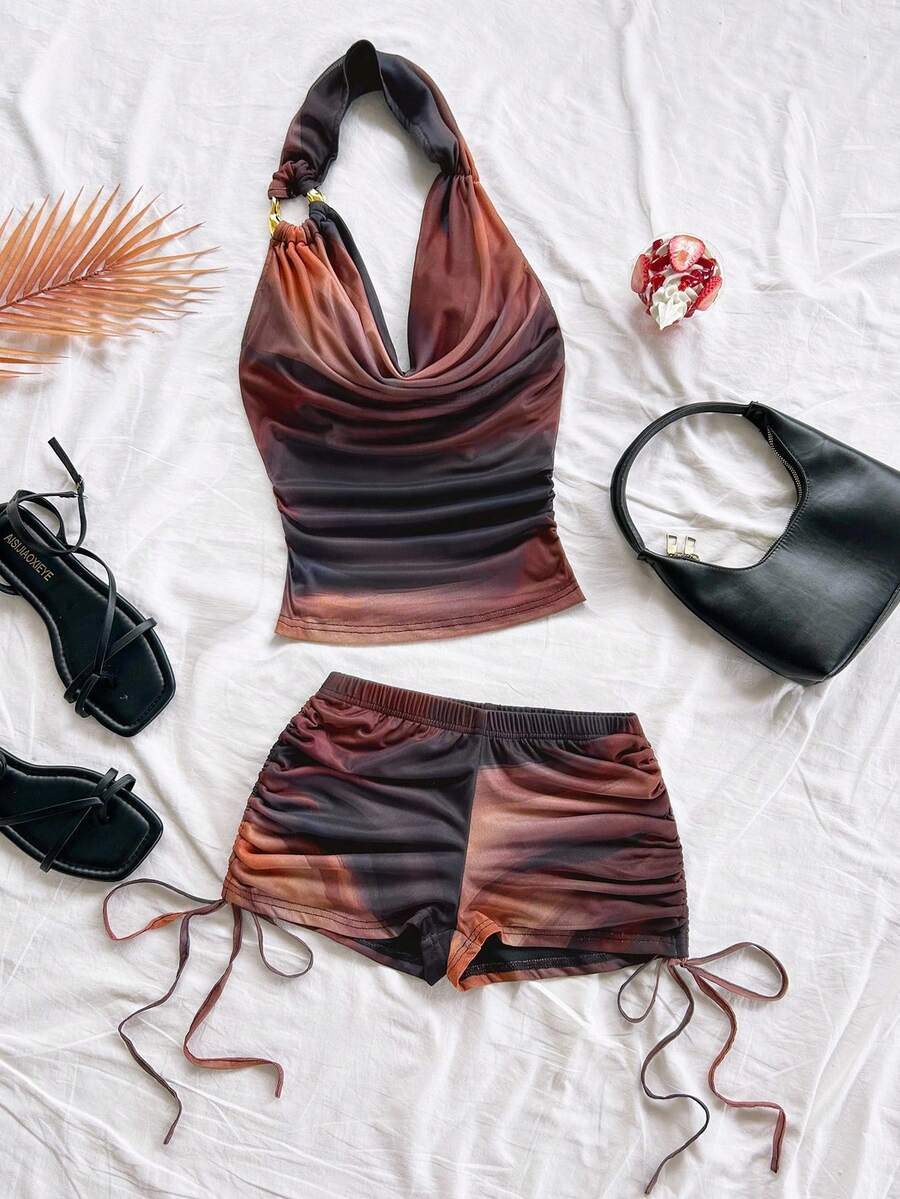 Soleia Set da 2 pezzi da donna per vacanze: top con spalline metalliche a canottiera e pantaloncini con coulisse in vita bassa, elegante e sexy, adatto per vacanze, feste, appuntamenti, spiaggia, estate, vacanze, matrimoni, crociere in spiaggia, vacanze in città, vacanze bohémien, festival musicali - Caffè Marrone - Visualizzare 1