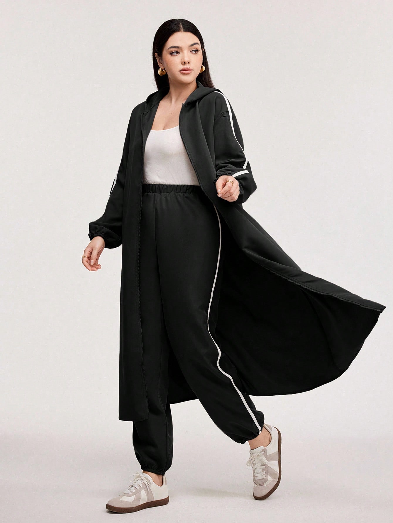 Veilorie معطف منخفض الاكتاف بشريط متباين وسحاب اما...