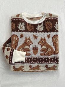 Franclia Women's Fall Casual Everyday Cartoon Squirrel & Leaf Patchwork Pattern Dropped Shoulder Loose Pullover Sweater, Autumn/Winter