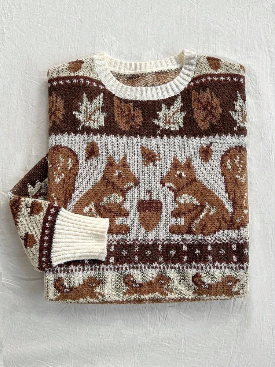 Franclia Women's Fall Casual Everyday Cartoon Squirrel & Leaf Patchwork Pattern Dropped Shoulder Loose Pullover Sweater, Autumn/Winter