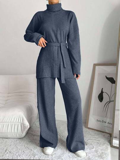 EURMUSE 2pcs Women's Solid Color Turtleneck Long Sleeve Top And Pants Casual Outfit