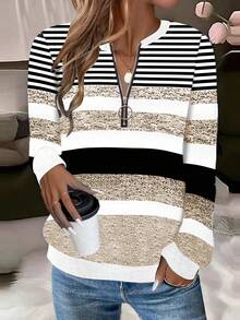 EMERY ROSE Women's Fashion Sweatshirt, Round Neck, Long Sleeve, Half-Zip, Contrast Ribbed Collar, Cuffs And Hem, Asymmetrical Striped Print, Grey Fall Cloth For Women