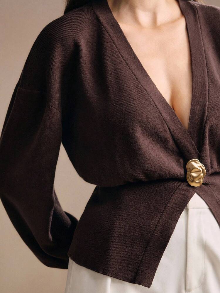 Elegant Solid Color V-Neck Heavy Knit Cardigan, Fashion Asymmetric Button Casual Women Sweater Jacket, Suitable For Autumn, Winter, Going Out, Formal, Party, Fashionable, New Year, Christmas, Work, Graduation, Wedding