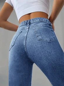 SHEIN Cottnline 斜口袋拉鍊門襟直筒牛仔褲 - 中等水洗藍 - 查看 4