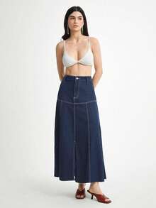 Daynim Chân váy denim xẻ tà chữ A trơn màu đơn sắc dành cho nữ - Rửa tối - Xem 5