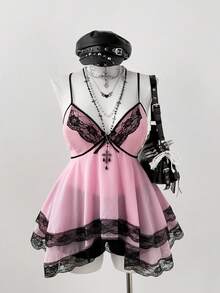 Sunspun 新款优雅外出上衣，带蝴蝶结、蕾丝边和蝴蝶结吊带背心，荷叶边下摆短款背心，女士 - 粉色 - 查看 8