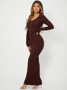 SHEIN SXY Đầm suông cổ tròn tay dài màu trơn thanh lịch cỡ lớn cho nữ - Cà phê nâu - Xem 3