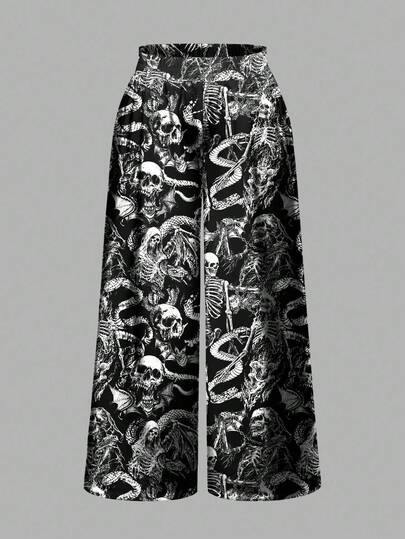 Goth Pantalones anchos y sueltos con estampado de serpiente gótico de talla grande para Halloween, con impresión total de horror lamentable