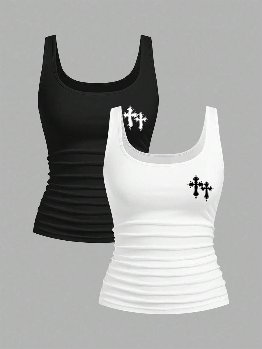 Slaydiva 女士休闲圆领防缩修身背心套装，百搭，十字印花，适合日常穿着 - 彩色 - 查看 1