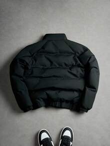 PAVTROS 男士摩托车立领字母印花插肩袖休闲冬季外套，赛车运动外套，秋季 - 黑色 - 查看 2