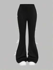 SHEIN Girlism Tween 女童春季黑色蝴蝶结装饰条纹喇叭裤，返校季，居家休闲运动，蝴蝶结装饰甜美运动喇叭裤