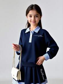 Maija Kids Maija Kids Tween Girl Patchwork 2 In 1 Collared Sweatshirt And Mini Skirt Set - Navy Blue - View 3