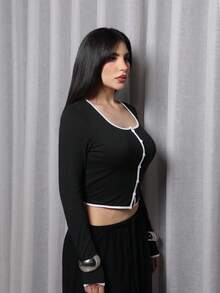 Steff Loaiza Women's Black & White Color Block Decorative Button Fitted T-Shirt, Elegant & Fashionable