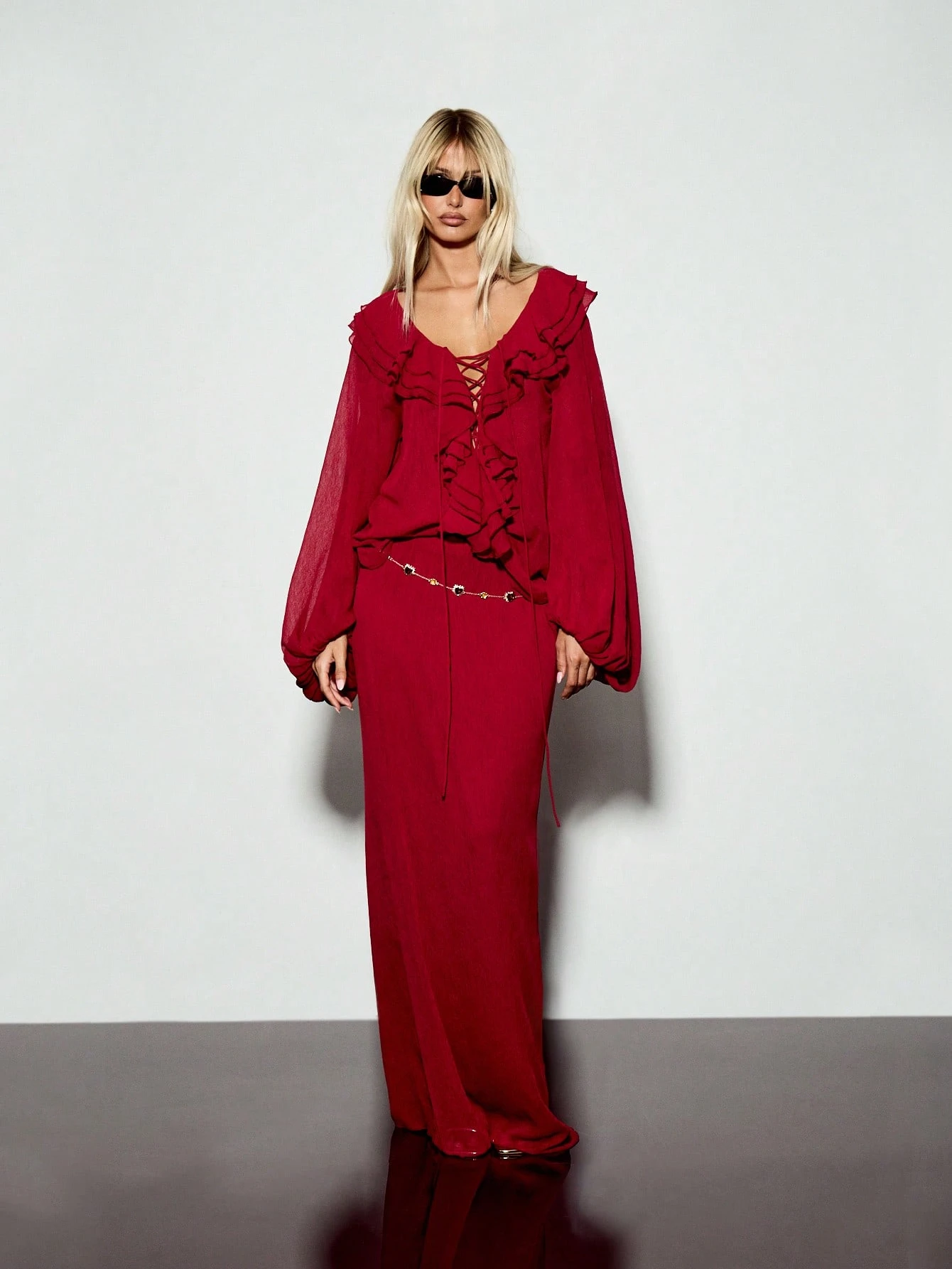 KIZN Crinkle Chiffon Ruffle Lace Up Victorian Style Lantern Sleeve Blouse