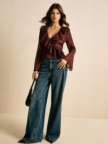 Poéselle 女士棕色荷叶边薄纱长袖衬衫，优雅女士衬衫，时尚女士衬衫，外出上衣，商务休闲女装，老钱气质，优雅女士，经典女士，秋季女士，冬季女士，棕色上衣 - 咖啡棕 - 查看 2