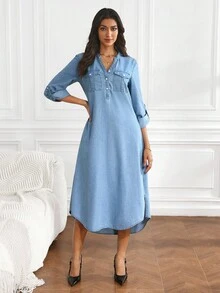 SHEIN Tall 女式 V 领长袖牛仔连衣裙，带袖口，宽松版型，前短后长