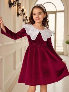 SHEIN Elladie kids Young Girls' Burgundy Velvet Dress, Autumn Christening Elegant Nancy Red Christmas Dress Featuring White Lace Trim Collar, Soft Lustrous Kids - Burgundy - View 4