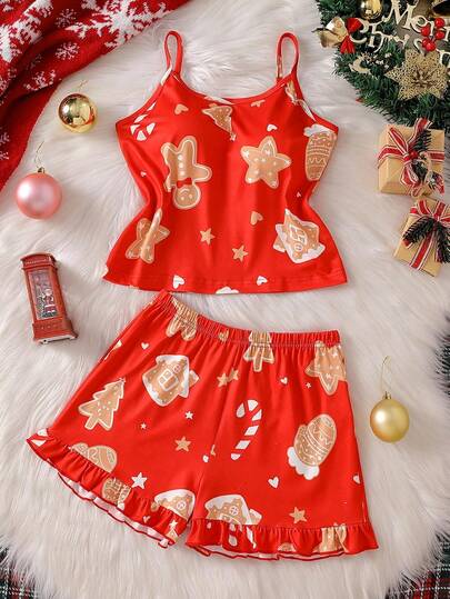 1 zestaw piżam świątecznych dla dziewczynki, nowy design dla nastolatek, czerwona koszulka bez rękawów z regulowaną metalową klamrą, pasujące spodenki z falbanką, z uroczymi nadrukami laski cukrowej, piernikowego ludzika i choinki, miękka i elastyczna dzianina, można prać w pralce, wygodne dopasowanie, pasujące stroje rodzinne (1 zestaw sprzedawany oddzielnie)