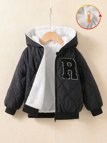 SHEIN Explorewe 男童休闲加厚保暖连帽羽绒服，秋冬季，2025返校季，儿童学院风及校园运动服，儿童冬季绗缝外套 - 黑色 - 查看 1