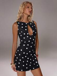 TRNVIE 1pc Women's Black & White Polka Dot Sleeveless Turtleneck Vest, Hollow Out Design, Suitable For Office, Commuting, Streetwear, Back To School Season, Layering, Autumn/Winter - Black and White - View 6