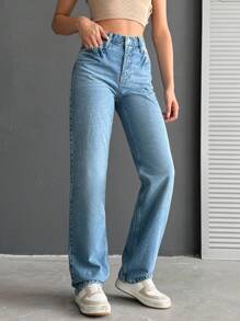 EURMUSE 100%Cotton High Waist Straight Leg Jeans - Blue - View 4