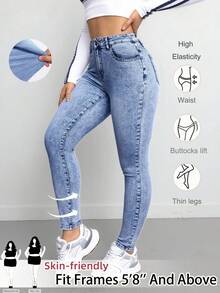SHEIN Tall CURVE 大码女款蓝色牛仔弹力紧身裤 - 中等水洗藍 - 查看 2