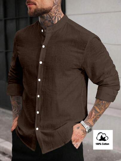 Manfinity CasualCool Herren Lässig Stehkragen Reine Baumwolle Einfaches Langarm Hemd, Langarm Oberteil, Herren Herbst Outdoor 2025 für Herbst, Braunes Hemd Herren Baumwollhemd, für den Herbst