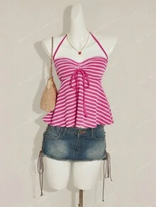 SHEIN ICON Camiseta de tirantes sin espalda acanalada a rayas de punto rosa para mujer en verano - Multicolor - Ver 3