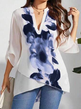 Flouryn 大码优雅简约花卉印花 V 领不对称下摆半透明衬衫