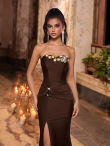 Glamrae Bộ đồ bơi liền thân co giãn họa tiết hoa ngọc trai ánh kim sang trọng thanh lịch, có chân váy đuôi cá xẻ tà và đuôi dài, thích hợp cho đám cưới, tiệc tùng, kỳ nghỉ, dạ hội, váy dạ hội (được trang trí nhiều chi tiết) - Cà phê nâu - Xem 6