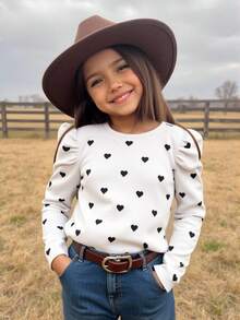 SHEIN Young Girl Heart Pattern Square Neck Gigot Sleeve Casual T-Shirt Autumn Long-Sleeved T-Shirt  Suitable For Autumn And Winter  For Daily Leisure, Sports, School And Parties Toddler Girl  Birthday Girl   Halloween Back To School   Mommy And Me Girls Heart Print Shirt Tween Girls T Shirts White Top For Kids Cute Tops For Kids Long Sleeve Shirts Girls Long Sleeve Tops For Girls Cute Tops For Kids Girl Tween Girls T-Shirts Fall