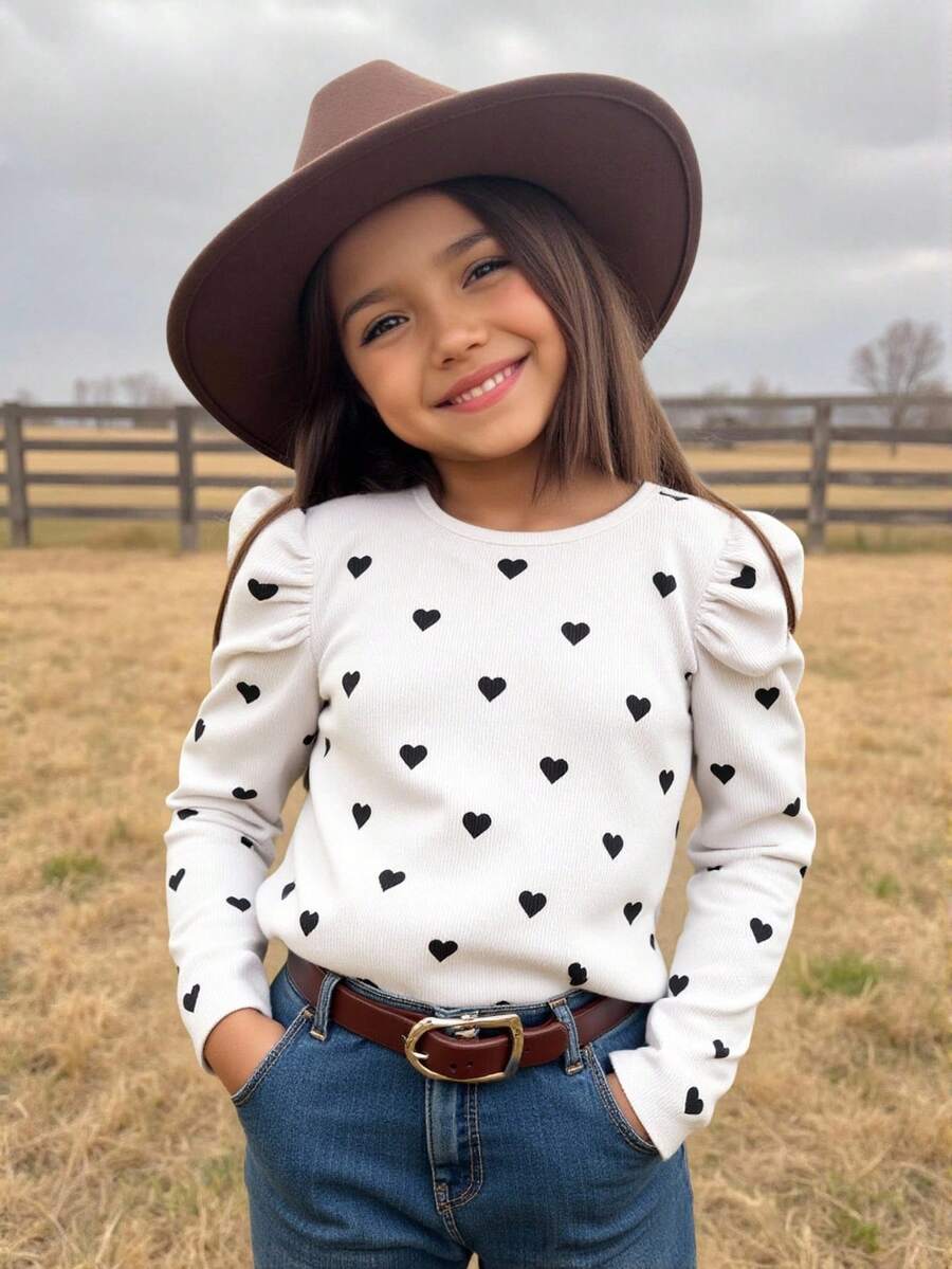 SHEIN Young Girl Heart Pattern Square Neck Gigot Sleeve Casual T-Shirt Autumn Long-Sleeved T-Shirt  Suitable For Autumn And Winter  For Daily Leisure, Sports, School And Parties Toddler Girl  Birthday Girl   Halloween Back To School   Mommy And Me Girls Heart Print Shirt Tween Girls T Shirts White Top For Kids Cute Tops For Kids Long Sleeve Shirts Girls Long Sleeve Tops For Girls Cute Tops For Kids Girl Tween Girls T-Shirts Fall