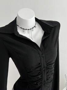 SHEIN Unity 1 件女式黑色纽扣、褶腰 A 字衬衫领休闲/通勤连衣裙，适合返校季 - 黑色 - 查看 1