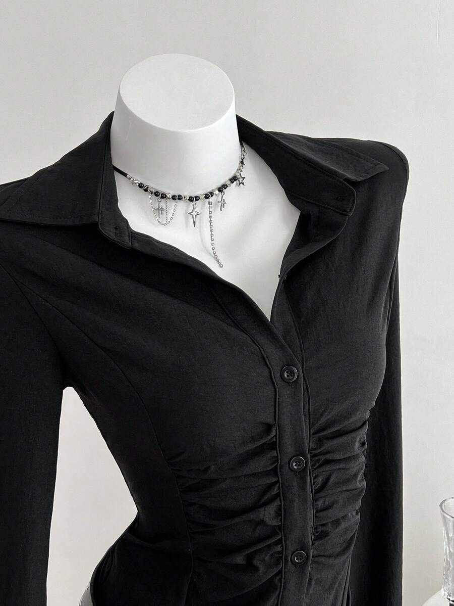 SHEIN Unity 1 件女式黑色纽扣、褶腰 A 字衬衫领休闲/通勤连衣裙，适合返校季 - 黑色 - 查看 1