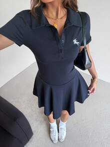 SHEIN Vestido curto curto casual para meninas adolescentes, gola confortável, bainha com babados, manga curta - Azul marinho - Ver 2