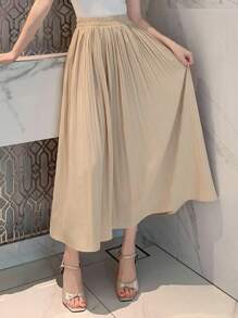 DAZY 女士休闲弹力腰A字褶裙 - 杏色 - 查看 4