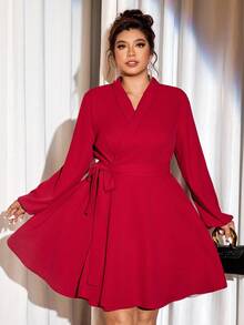 Cravure Christmas Plus Size Women Solid Color Wrap Long Sleeve Blazer Collar Dress Fall Cloth For Women - Burgundy - View 4