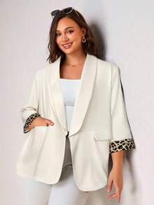 Chikora Plus Size Women's Blazer Jacket With Leopard Print Contrast Cuffs, Elegant For Daily, Business And Commuting Wear In Fall/Winter - Beige - View 5
