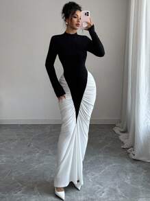 Elenzga Women's Black & White Color Block Stand Collar Fitted Mermaid Hem Elegant Mid-Length Dress, Suitable For Daily Commute, Dates, Holidays Fall Cloth For Women - Black - View 6