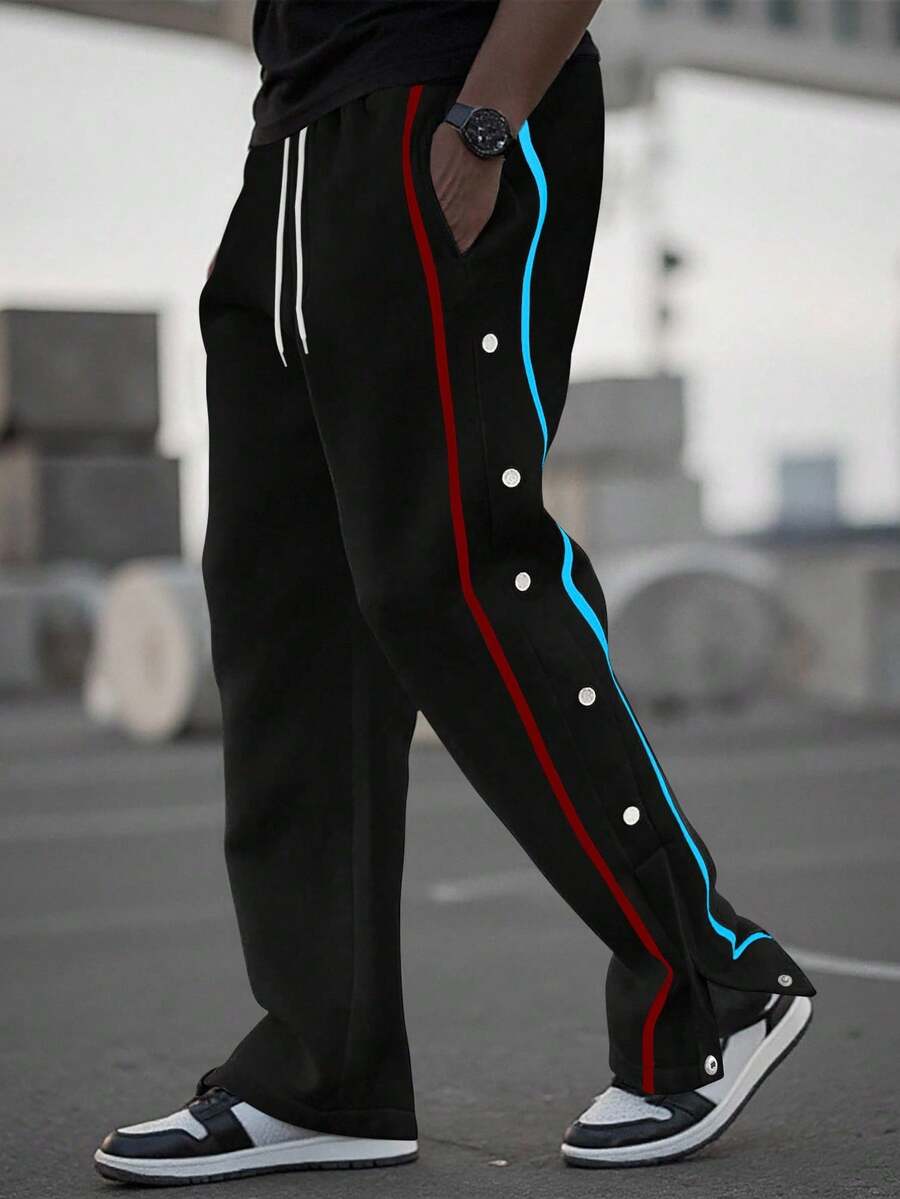 Manfinity Homme 宽松版型男士撞色带扣侧抽绳腰运动裤 男士运动裤 男士阔腿运动裤 男士街头潮流裤 男士按扣运动裤 侧条纹运动裤 - 黑色 - 查看 1