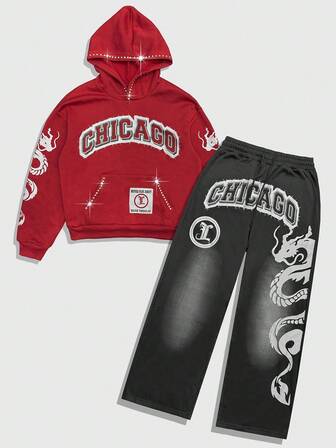 Street Life Herren Drachen- & Buchstaben-Muster Hoodie und Jogginghose Set, Herbstkleidung