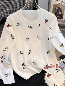 Resyla T-shirt décontracté à col rond avec broderie florale pour grandes tailles