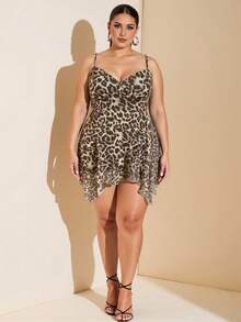 SHEIN BAE Große Größen Damen Sommer Leopard Muster asymmetrisches Trägerkleid, elegantes sexy Kleid geeignet für den täglichen Weg zur Arbeit, Urlaub, Sommer, Modekleid für Junge, Y2K Bombshell Kleid, Strandurlaubs-Kleid, Abschlusskleid, Geburtstags-Kleid, Partykleid - Aprikosenfarben - Übersicht 3