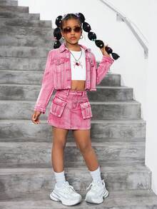 SHEIN 2 件套 Tween 女童 Y2k 水洗卡其色牛仔翻领长袖短款夹克和牛仔迷你工装裙套装，适合女童街头装和日常穿着 - 粉色 - 查看 4