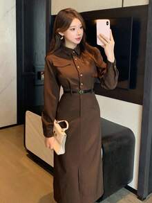DAZY Women's Casual Solid Color Shirt Dress With Fake Pockets And Side Slits, Long Length, Autumn Maxi Dress - Brown - View 5