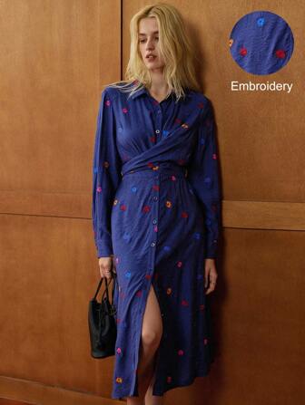 Écloséra Europeisk och amerikansk modebroderad långärmad klänning för kvinnor, vår/höst