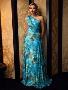 MOTF Soiréza VESTIDO DE NOCHE DE UNA SOLA MANGA SIN MANGAS DE LARGO HASTA EL SUELO CON PATRONES ABSTRACTOS ALEATORIOS VIBRANTES Y TELA PLISADA, SILUETA ENTALLADA PARA EVENTOS FORMALES Y BODAS DE PRIMAVERA/VERANO - Azul - Ver 7