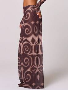 MUSERA تنورة ماكسي مستقيمة الخصر منخفضة مع طباعة زهرية جرافيكية، مناسبة لحضور حفلات الزفاف والأعياد وأيام الصيف والشاطئ والسباحة والأناقة والجمال والطراز البوهيمي والأيبيزي وحفلات المساء والعطلات الشتوية - بني - مشاهدة 3